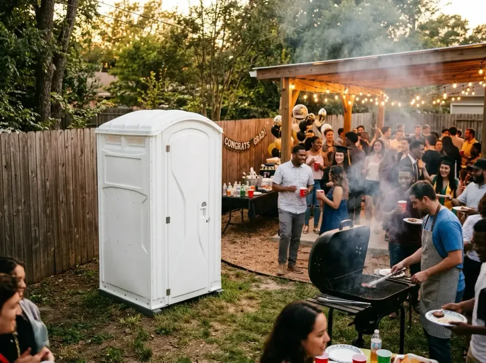 White Portable Restroom — Residential Backyard